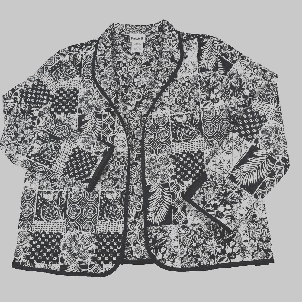Women's‎ Quilted Open Front Jacket Black White Cotton Petite Large by BonWorth